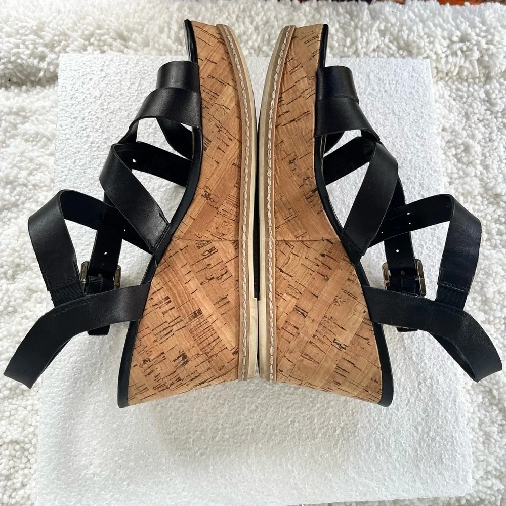 Franco Sarto Women's Leather Black and Tan Cork Strappy Wedge Sandals Size 9M